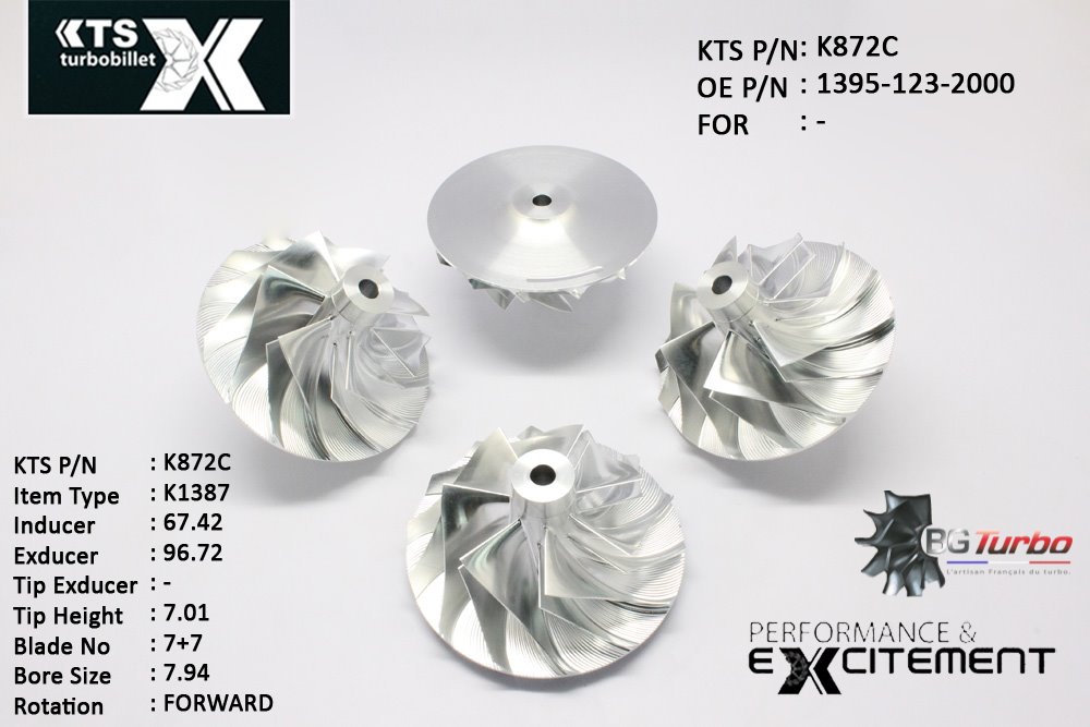Turbo ROUE FORGÉE MFS PERFORMANCE - 7+7 PALES - INDUCER : 67,42 - EXDUCER : 96,72 - TYPE : K1387ANGLE : 60° - ROTATION : Forward - SUPER BACK : 5,55 - BORE SIZE : 7,94
